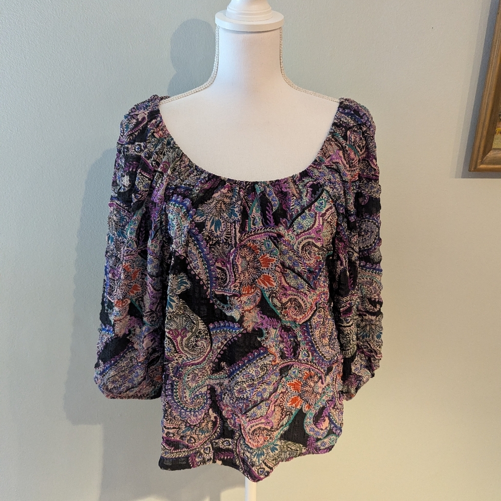 Karen Kane Peasant Blouse Wmns Small Paisley Floral On/Off Shoulder Crinkle 127